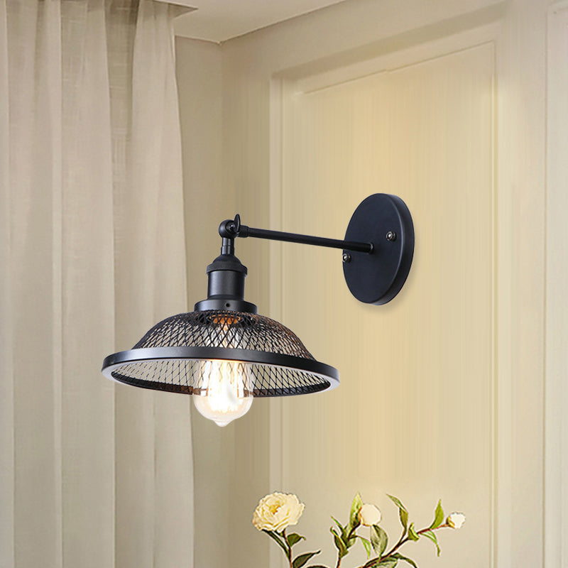 Flared Restaurant Sconce Fixture with Mesh Shade Retro Style Wrought Iron 1 Bulb Black/Rust Wall Lamp Clearhalo 'Wall Lamps & Sconces' 'Wall Lights' Lighting' 1209757