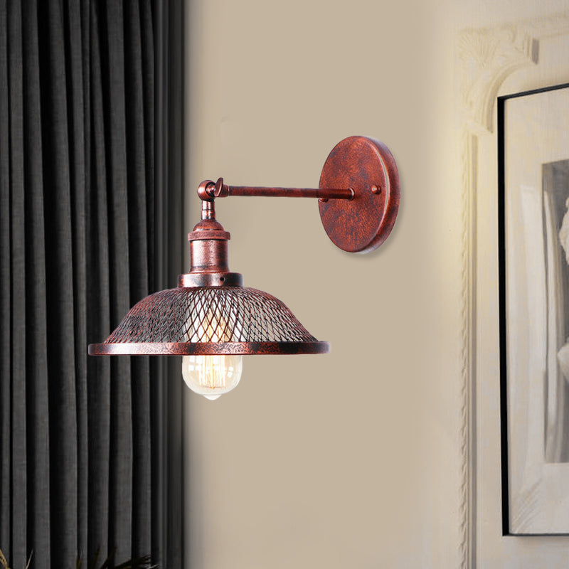 Flared Restaurant Sconce Fixture with Mesh Shade Retro Style Wrought Iron 1 Bulb Black/Rust Wall Lamp Clearhalo 'Wall Lamps & Sconces' 'Wall Lights' Lighting' 1209762