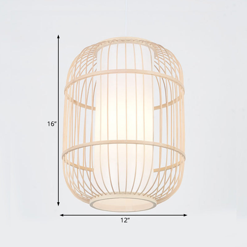 Asian Style Cylinder Shade Hanging Lamp Bamboo 1 Head Living Room Ceiling Fixture in Beige, 16"/19.5" W Clearhalo 'Ceiling Lights' 'Pendant Lights' 'Pendants' Lighting' 121021