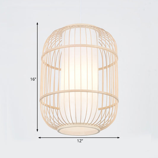 Asian Style Cylinder Shade Hanging Lamp Bamboo 1 Head Living Room Ceiling Fixture in Beige, 16"/19.5" W Clearhalo 'Ceiling Lights' 'Pendant Lights' 'Pendants' Lighting' 121021