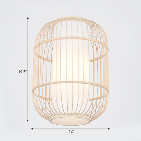 Asian Style Cylinder Shade Hanging Lamp Bamboo 1 Head Living Room Ceiling Fixture in Beige, 16"/19.5" W Clearhalo 'Ceiling Lights' 'Pendant Lights' 'Pendants' Lighting' 121022