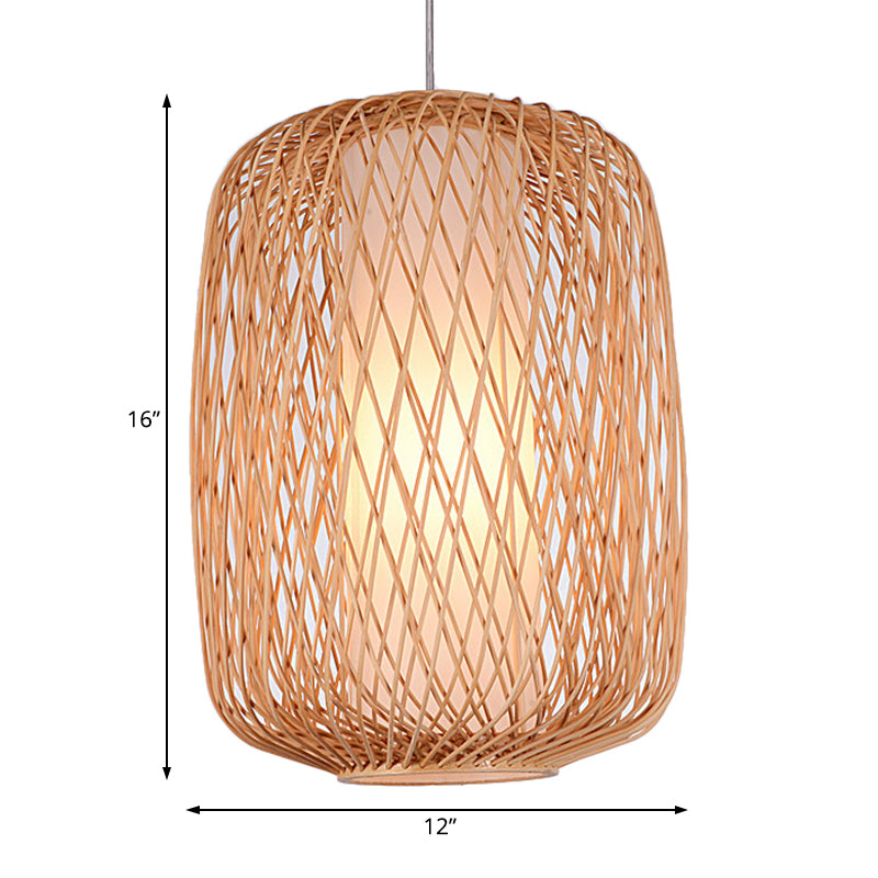 Asian Stylish Hand-Knitted Hanging Lighting with Cylinder Shade Bamboo 1 Light Living Room Pendant Lamp in Beige Clearhalo 'Ceiling Lights' 'Pendant Lights' 'Pendants' Lighting' 121049