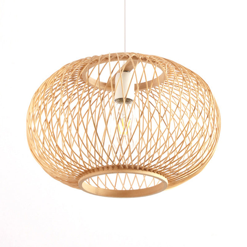 Bamboo Rounded Drum Pendant Lighting Asian Style 1 Bulb Hanging Lamp for Living Room, 16"/19.5" Wide Clearhalo 'Ceiling Lights' 'Pendant Lights' 'Pendants' Lighting' 121125