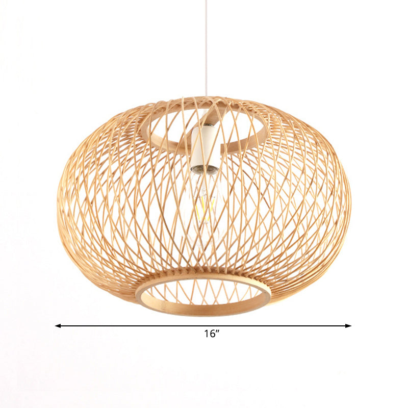 Bamboo Rounded Drum Pendant Lighting Asian Style 1 Bulb Hanging Lamp for Living Room, 16"/19.5" Wide Clearhalo 'Ceiling Lights' 'Pendant Lights' 'Pendants' Lighting' 121126