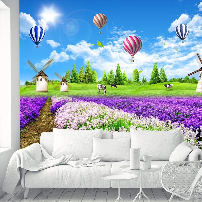 Whole Lavender Field Wall Murals Modern Enchanting Scenery Wall Art in Purple-Blue Purplish Blue Clearhalo 'Wall Decor' 'Wall Mural' 1211543