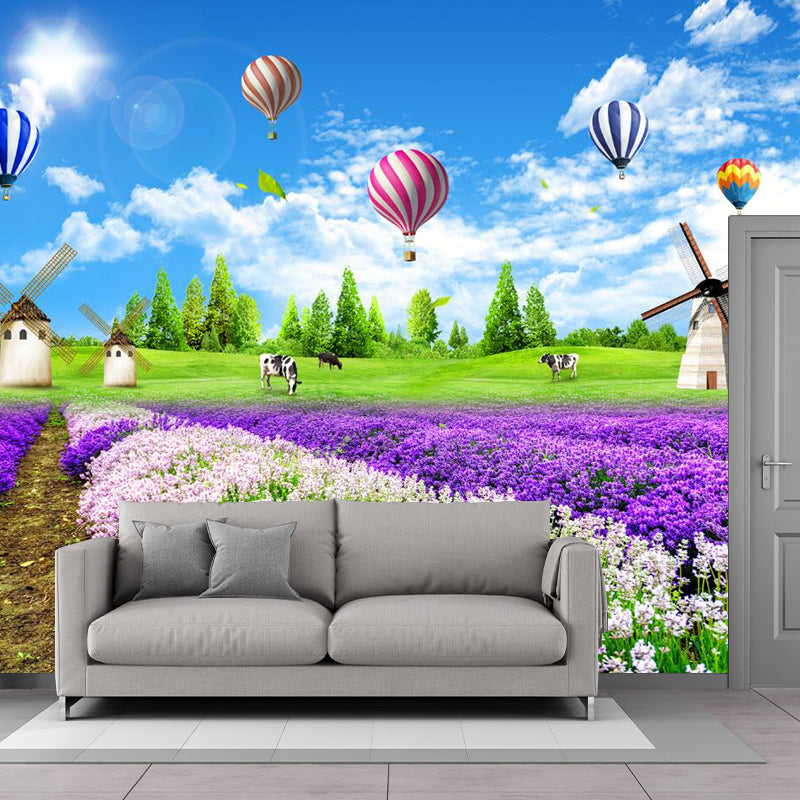 Whole Lavender Field Wall Murals Modern Enchanting Scenery Wall Art in Purple-Blue Clearhalo 'Wall Decor' 'Wall Mural' 1211544