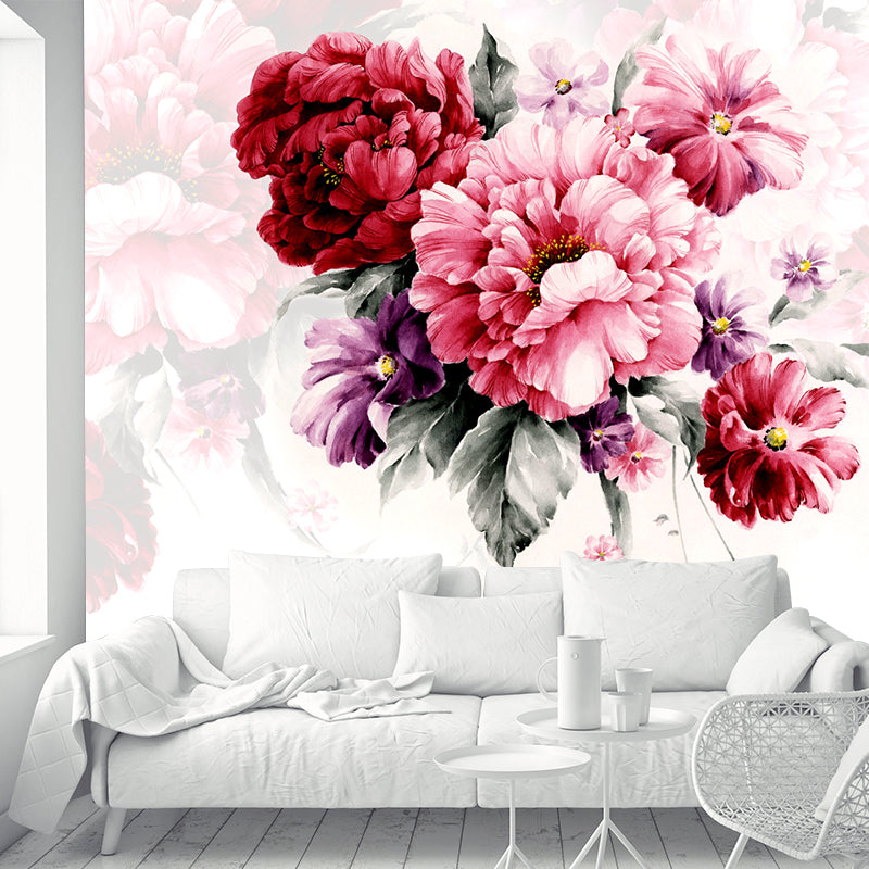 Whole Peony Blossom Wall Mural Decal Pink Non-Woven Wall Covering, Waterproof, Custom Size Pink Clearhalo 'Wall Decor' 'Wall Mural' 1211633