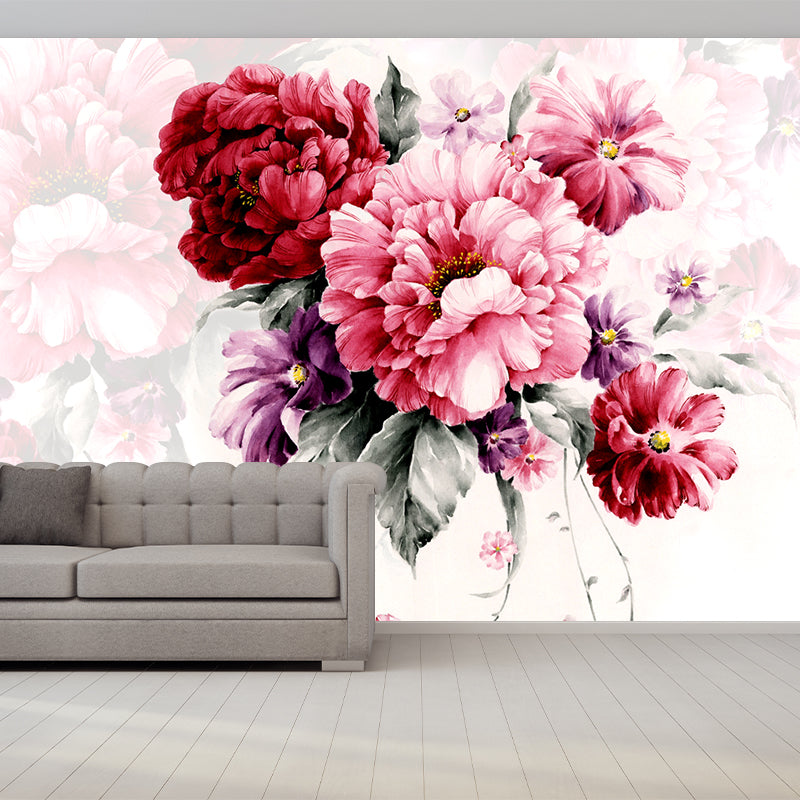 Whole Peony Blossom Wall Mural Decal Pink Non-Woven Wall Covering, Waterproof, Custom Size Clearhalo 'Wall Decor' 'Wall Mural' 1211635