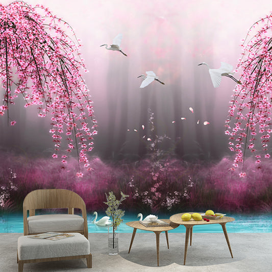 Beautiful Swan Lake Murals for Bedroom Cherry Blossom Wall Decor, Custom Size Available Clearhalo 'Wall Decor' 'Wall Mural' 1211651