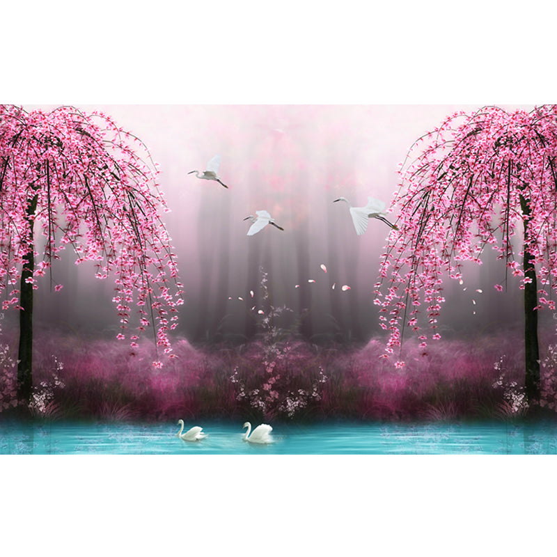 Beautiful Swan Lake Murals for Bedroom Cherry Blossom Wall Decor, Custom Size Available Clearhalo 'Wall Decor' 'Wall Mural' 1211652