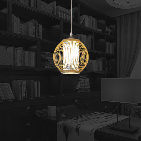 Bamboo Globe Ceiling Lamp Chinese Style 1 Light Hanging Pendant Light with Blue and White Pattern in Black/Wood Clearhalo 'Ceiling Lights' 'Modern Pendants' 'Modern' 'Pendant Lights' 'Pendants' Lighting' 121173