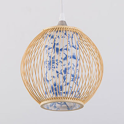 Bamboo Globe Ceiling Lamp Chinese Style 1 Light Hanging Pendant Light with Blue and White Pattern in Black/Wood Clearhalo 'Ceiling Lights' 'Modern Pendants' 'Modern' 'Pendant Lights' 'Pendants' Lighting' 121174