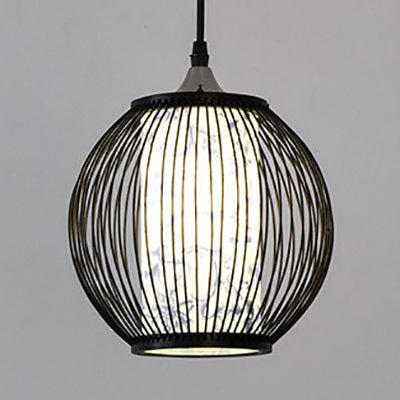 Bamboo Globe Ceiling Lamp Chinese Style 1 Light Hanging Pendant Light with Blue and White Pattern in Black/Wood Clearhalo 'Ceiling Lights' 'Modern Pendants' 'Modern' 'Pendant Lights' 'Pendants' Lighting' 121176