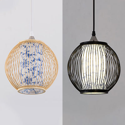 Bamboo Globe Ceiling Lamp Chinese Style 1 Light Hanging Pendant Light with Blue and White Pattern in Black/Wood Clearhalo 'Ceiling Lights' 'Modern Pendants' 'Modern' 'Pendant Lights' 'Pendants' Lighting' 121177