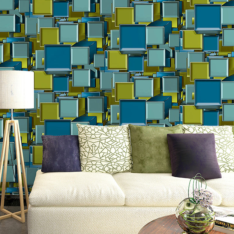 3D Layered Square Pattern Wallpaper Mid Century Stain Resistant Living Room Wall Art Blue-Green Clearhalo 'Wall Decor' 'Wallpaper' 1212206