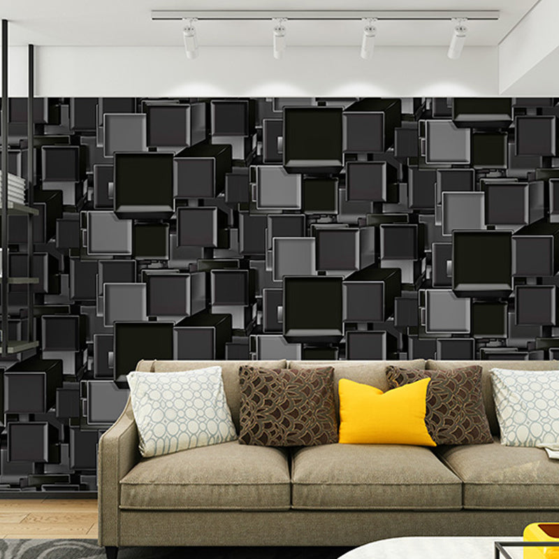 3D Layered Square Pattern Wallpaper Mid Century Stain Resistant Living Room Wall Art Black-Gray Clearhalo 'Wall Decor' 'Wallpaper' 1212209