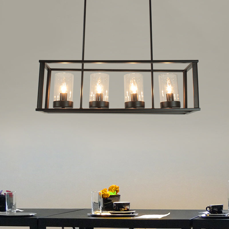 Rectangle Cage Clear Glass Hanging Pendant Retro Industrial 4/5-Light Kitchen Island Light Fixture 4 Black Clearhalo 'Ceiling Lights' 'Chandeliers' 'Glass shade' 'Glass' 'Island Lights' Lighting' 1212466