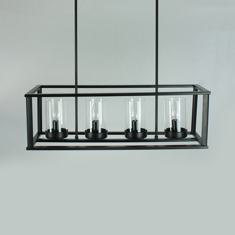 Rectangle Cage Clear Glass Hanging Pendant Retro Industrial 4/5-Light Kitchen Island Light Fixture Clearhalo 'Ceiling Lights' 'Chandeliers' 'Glass shade' 'Glass' 'Island Lights' Lighting' 1212469