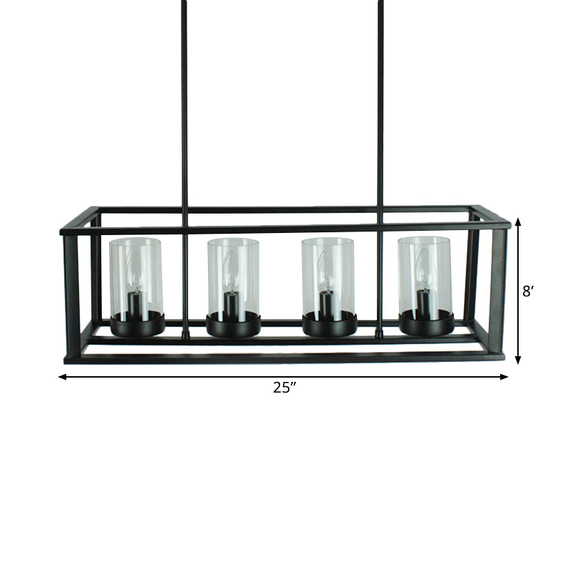 Rectangle Cage Clear Glass Hanging Pendant Retro Industrial 4/5-Light Kitchen Island Light Fixture Clearhalo 'Ceiling Lights' 'Chandeliers' 'Glass shade' 'Glass' 'Island Lights' Lighting' 1212470