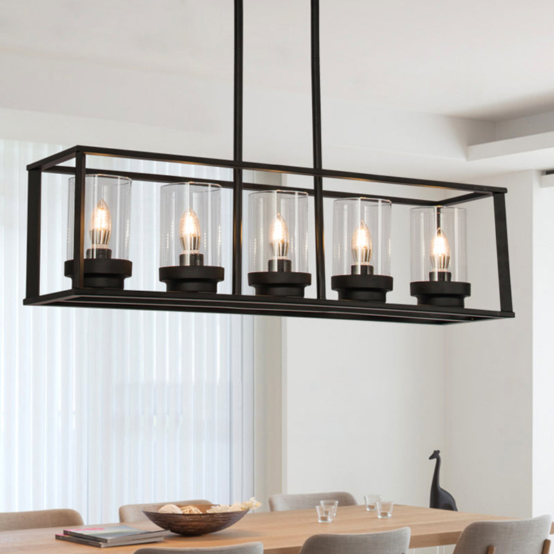 Rectangle Cage Clear Glass Hanging Pendant Retro Industrial 4/5-Light Kitchen Island Light Fixture 5 Black Clearhalo 'Ceiling Lights' 'Chandeliers' 'Glass shade' 'Glass' 'Island Lights' Lighting' 1212471