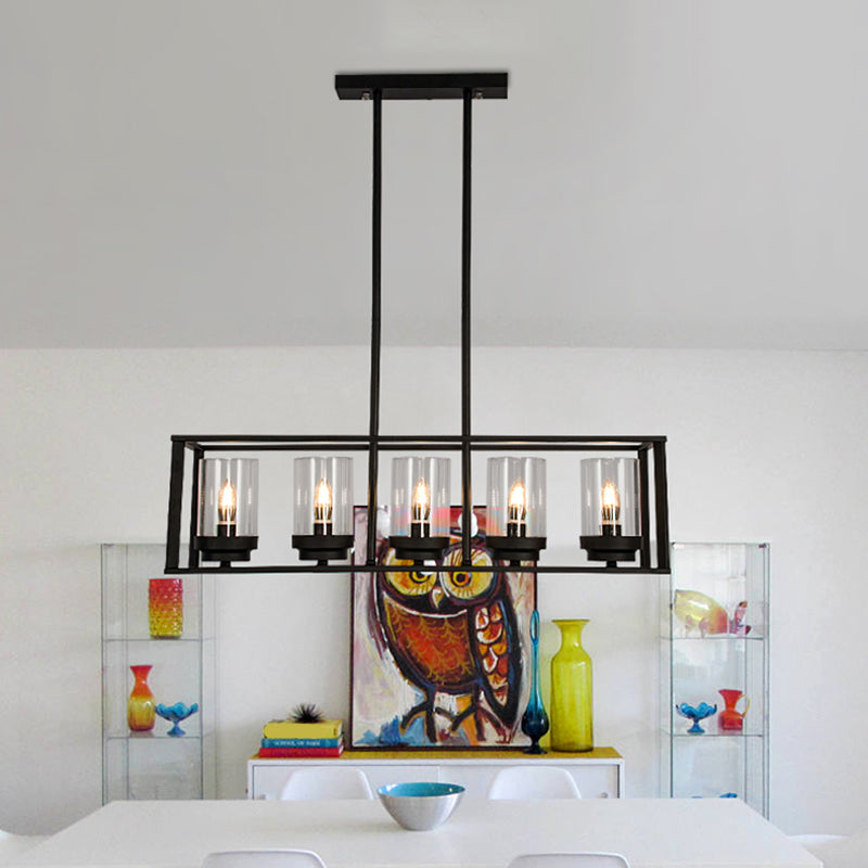 Rectangle Cage Clear Glass Hanging Pendant Retro Industrial 4/5-Light Kitchen Island Light Fixture Clearhalo 'Ceiling Lights' 'Chandeliers' 'Glass shade' 'Glass' 'Island Lights' Lighting' 1212472