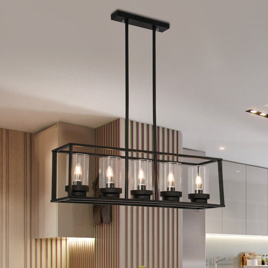 Rectangle Cage Clear Glass Hanging Pendant Retro Industrial 4/5-Light Kitchen Island Light Fixture Clearhalo 'Ceiling Lights' 'Chandeliers' 'Glass shade' 'Glass' 'Island Lights' Lighting' 1212473