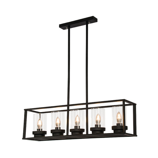 Rectangle Cage Clear Glass Hanging Pendant Retro Industrial 4/5-Light Kitchen Island Light Fixture Clearhalo 'Ceiling Lights' 'Chandeliers' 'Glass shade' 'Glass' 'Island Lights' Lighting' 1212474