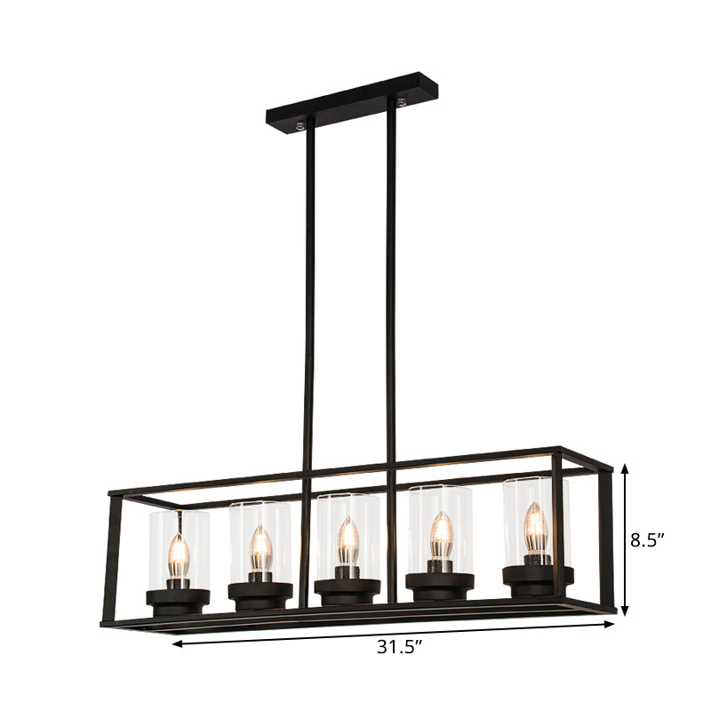 Rectangle Cage Clear Glass Hanging Pendant Retro Industrial 4/5-Light Kitchen Island Light Fixture Clearhalo 'Ceiling Lights' 'Chandeliers' 'Glass shade' 'Glass' 'Island Lights' Lighting' 1212475