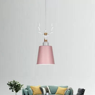 Macaron Style Bucket Hanging Light with Antlers 1 Light Metal Pendant Light for Balcony Foyer Clearhalo 'Ceiling Lights' 'Pendant Lights' 'Pendants' Lighting' 121261