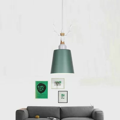 Macaron Style Bucket Hanging Light with Antlers 1 Light Metal Pendant Light for Balcony Foyer Green Clearhalo 'Ceiling Lights' 'Pendant Lights' 'Pendants' Lighting' 121263_561063e8-9cdc-404c-847f-383027161874