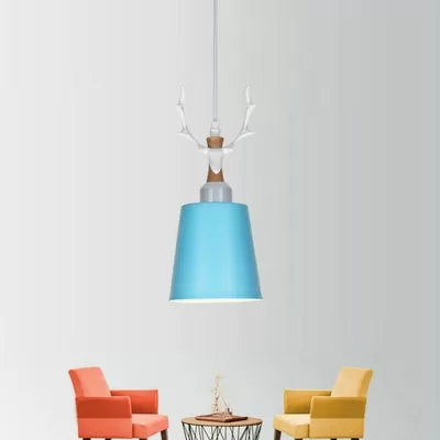 Macaron Style Bucket Hanging Light with Antlers 1 Light Metal Pendant Light for Balcony Foyer Clearhalo 'Ceiling Lights' 'Pendant Lights' 'Pendants' Lighting' 121266