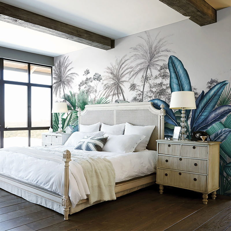 Tropical Plant Ginger Leaf Mural Decal Blue and White Water Resistant Wall Art for Bedroom Blue-White Clearhalo 'Wall Decor' 'Wall Mural' 1212813