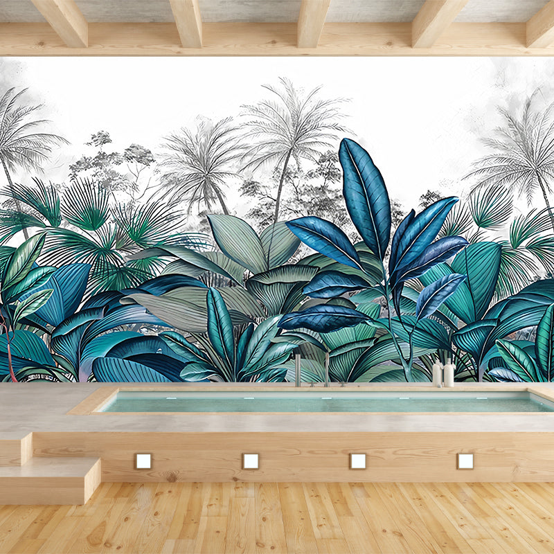 Tropical Plant Ginger Leaf Mural Decal Blue and White Water Resistant Wall Art for Bedroom Clearhalo 'Wall Decor' 'Wall Mural' 1212814