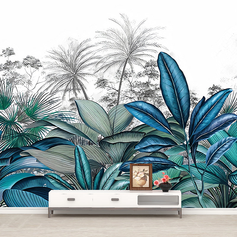 Tropical Plant Ginger Leaf Mural Decal Blue and White Water Resistant Wall Art for Bedroom Clearhalo 'Wall Decor' 'Wall Mural' 1212815