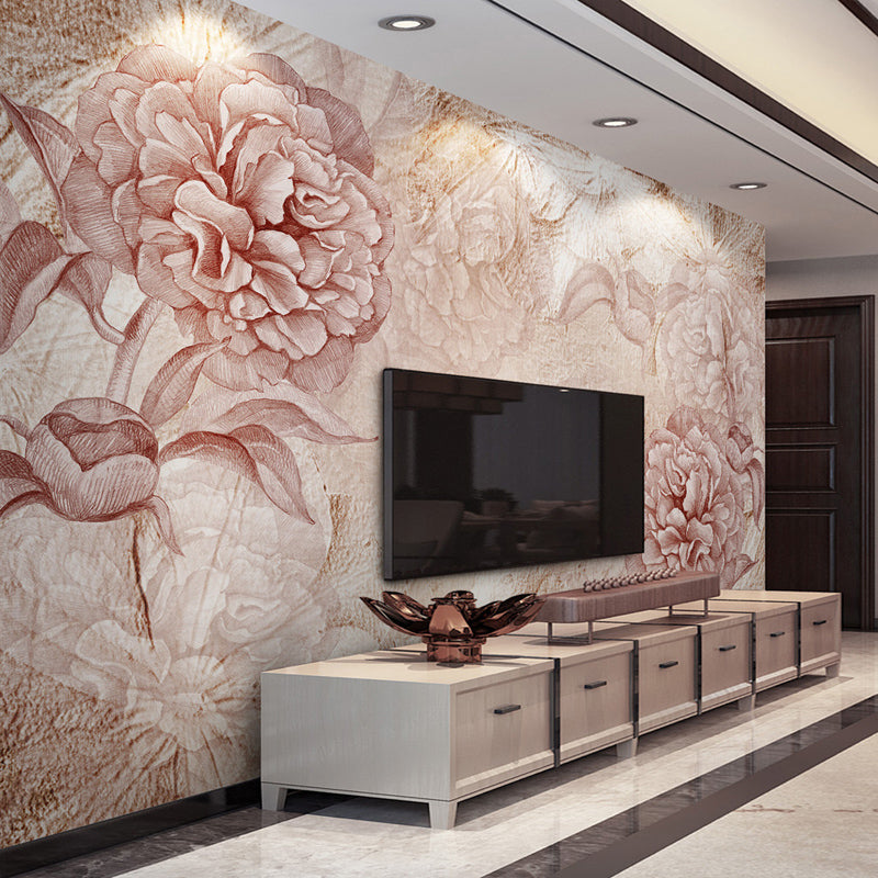 Big Peony Blossom Wall Mural Moisture Resistant Trendy Living Room Wall Covering in Light Pink Light Pink Clearhalo 'Wall Decor' 'Wall Mural' 1212909