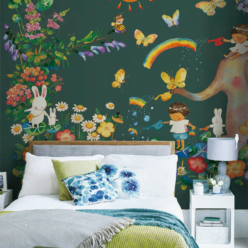 Wonderland Mural Wallpaper Pastel Color Childrens Art Wall Covering for Kindergarten Blackish Green Clearhalo 'Wall Decor' 'Wall Mural' 1213018