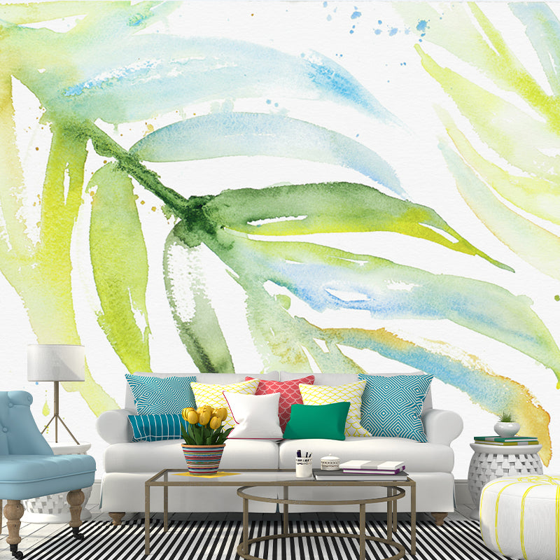 Watercolor Areca Palm Mural Wallpaper Modern Waterproof Bedroom Wall Art, Customized Size Yellow-Green Clearhalo 'Wall Decor' 'Wall Mural' 1218442