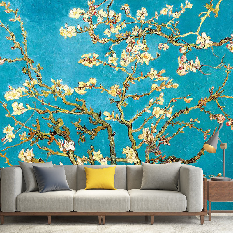 Asian Plum Tree Wall Mural Decal Yellow and Blue Waterproof Wall Decor for Bedroom Yellow-Blue Clearhalo 'Wall Decor' 'Wall Mural' 1218521