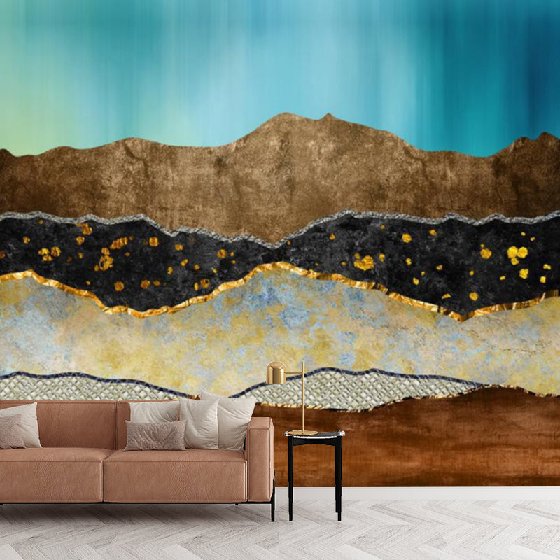 Art Deco Soil Layers Wall Murals Blue and Brown Living Room Wall Covering, Custom Made Clearhalo 'Wall Decor' 'Wall Mural' 1218528