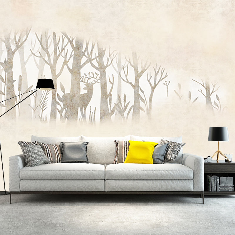 Beige Creative Wall Covering Murals Customized Wild Deer and Foggy Mirror Wall Art for Home Decor Beige Clearhalo 'Wall Decor' 'Wall Mural' 1218683