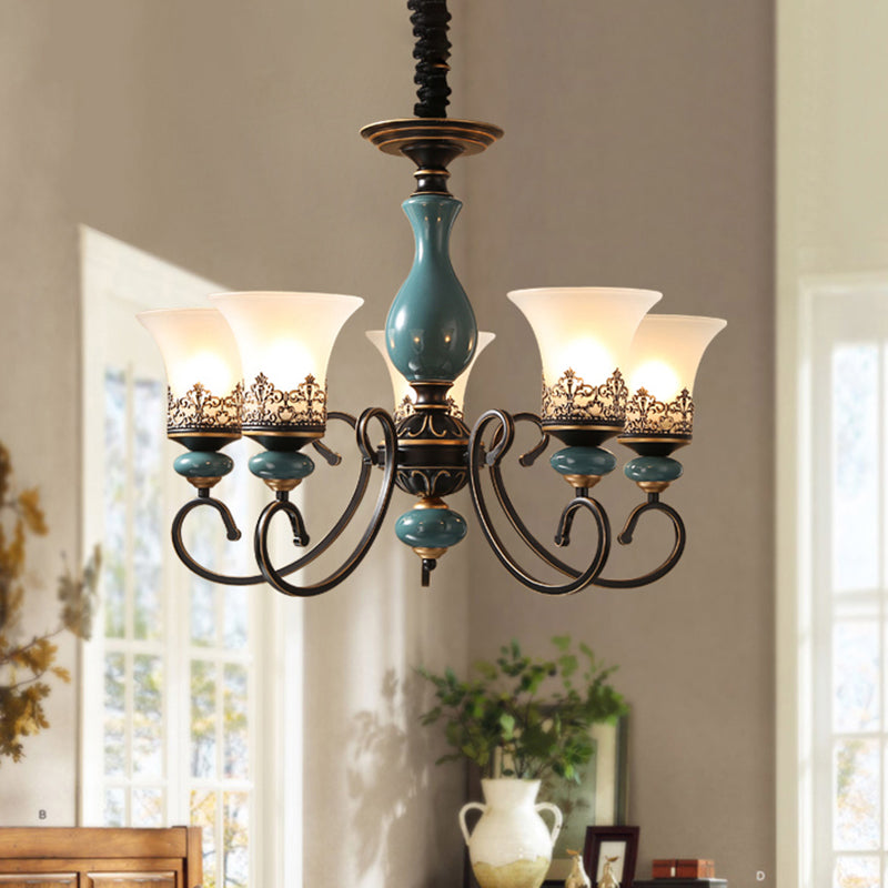Rustic Style Bell Shade Hanging Pendant Light Milky Glass 3/5/6-Head Chandelier Lighting in Blue 5 Blue Clearhalo 'Ceiling Lights' 'Chandeliers' Lighting' options 1220575_bcdf736a-ae43-4310-a918-6e11e41b4e17