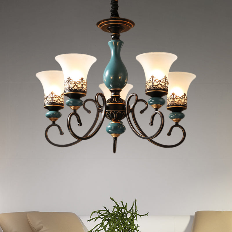 Rustic Style Bell Shade Hanging Pendant Light Milky Glass 3/5/6-Head Chandelier Lighting in Blue Clearhalo 'Ceiling Lights' 'Chandeliers' Lighting' options 1220577