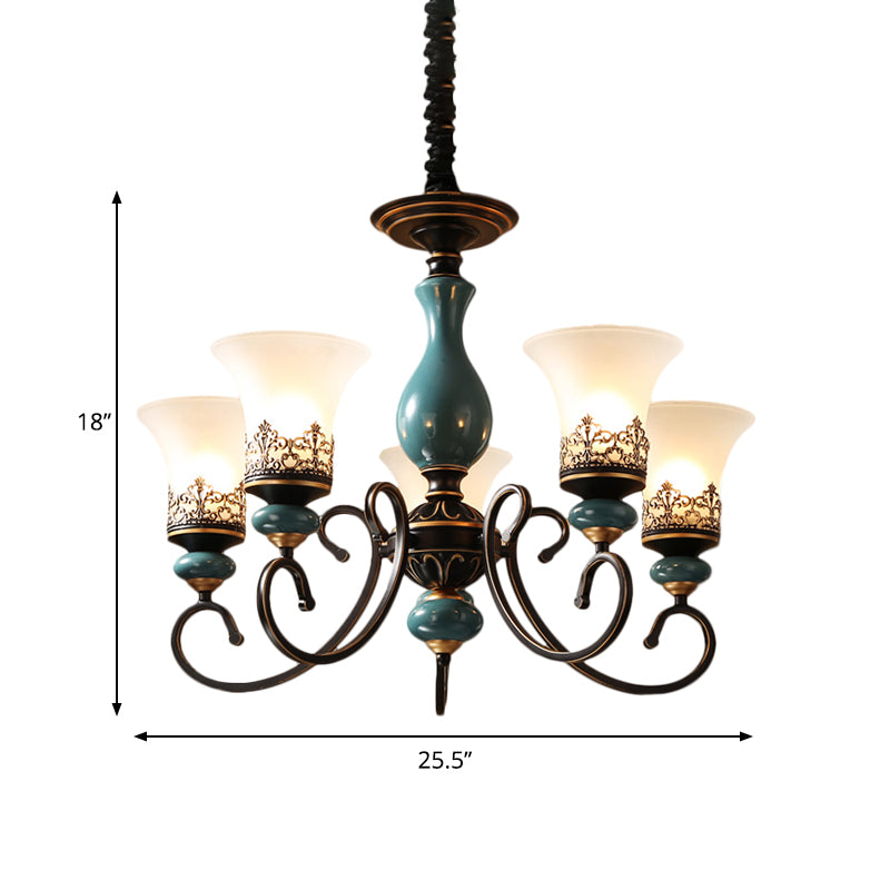 Rustic Style Bell Shade Hanging Pendant Light Milky Glass 3/5/6-Head Chandelier Lighting in Blue Clearhalo 'Ceiling Lights' 'Chandeliers' Lighting' options 1220579