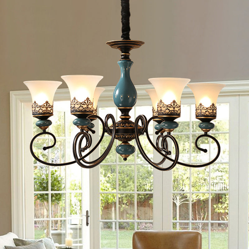 Rustic Style Bell Shade Hanging Pendant Light Milky Glass 3/5/6-Head Chandelier Lighting in Blue 6 Blue Clearhalo 'Ceiling Lights' 'Chandeliers' Lighting' options 1220580_ca13f4a0-57fd-4b7e-8678-daa31d570882