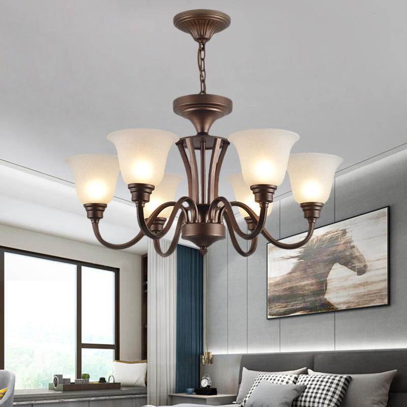 Scrolled Arm Metal Pendant Chandelier Rustic Style 3/5/6 Bulbs Guest Room Ceiling Hang Fixture in Brown Clearhalo 'Ceiling Lights' 'Chandeliers' Lighting' options 1220666