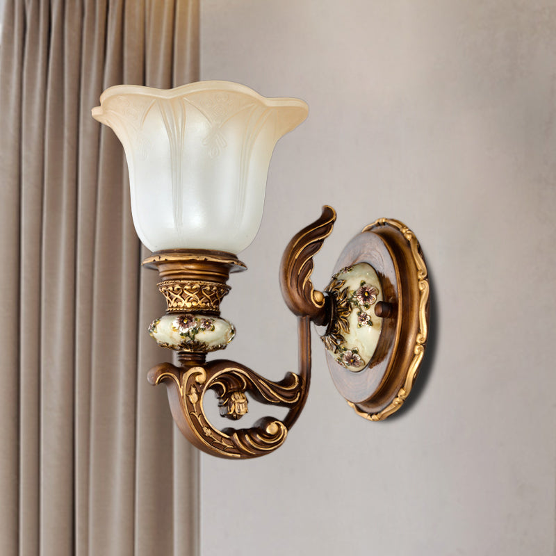 1/2-Light Wall Sconce with Floral Shade Cream Glass Traditional Bedroom Wall Mounted Lamp in Brown 1.0 Brown Clearhalo 'Wall Lamps & Sconces' 'Wall Lights' Lighting' 1220702