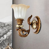 1/2-Light Wall Sconce with Floral Shade Cream Glass Traditional Bedroom Wall Mounted Lamp in Brown Clearhalo 'Wall Lamps & Sconces' 'Wall Lights' Lighting' 1220703