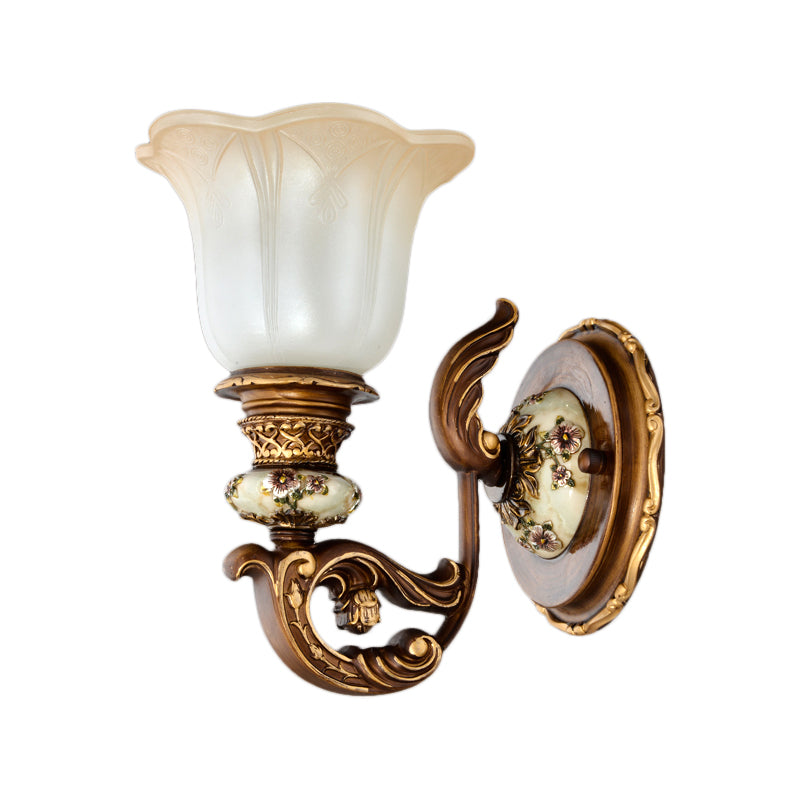 1/2-Light Wall Sconce with Floral Shade Cream Glass Traditional Bedroom Wall Mounted Lamp in Brown Clearhalo 'Wall Lamps & Sconces' 'Wall Lights' Lighting' 1220704