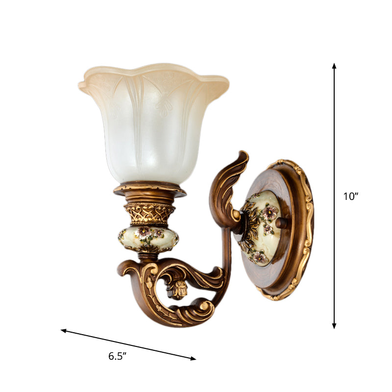 1/2-Light Wall Sconce with Floral Shade Cream Glass Traditional Bedroom Wall Mounted Lamp in Brown Clearhalo 'Wall Lamps & Sconces' 'Wall Lights' Lighting' 1220705