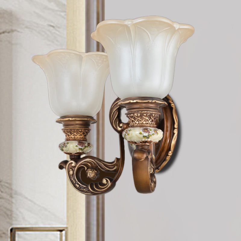 1/2-Light Wall Sconce with Floral Shade Cream Glass Traditional Bedroom Wall Mounted Lamp in Brown 2.0 Brown Clearhalo 'Wall Lamps & Sconces' 'Wall Lights' Lighting' 1220706